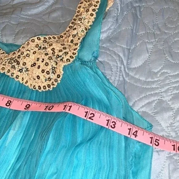 Sleeveless Teal Pleated Dress With Sequin Collar - Picture 8 of 10